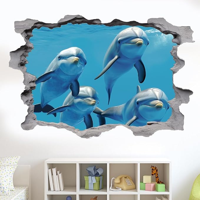 SUPERDANT 3D Dolphin Wall Stickers Breaking The Walls Peel and Stick Decals | Sea Clings Large Size Vinyl Art Mural for Kids Room Home Nursery Playroom Bedroom Livingroom Decorations Gifts by SUPERDANT