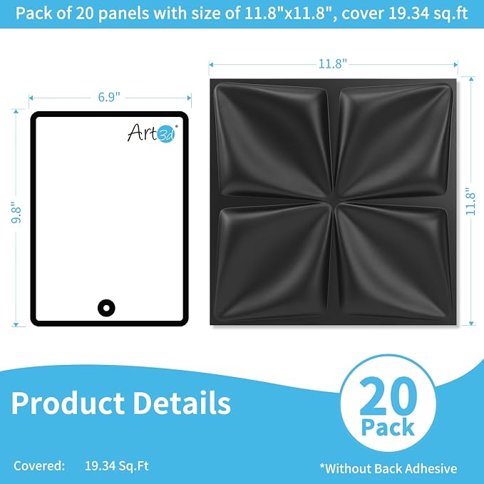 Art3d 20 Pack Decorative 3D Wall Panels, 19 Sq.Feet PVC Interior Wall Décor, 11.8"x11.8", Black - Image 2