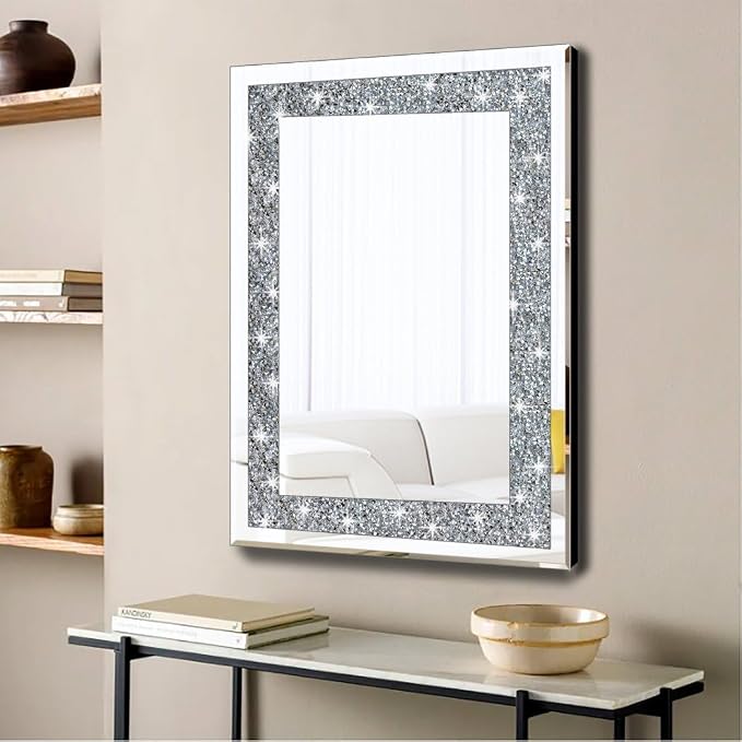 QMDECOR Crystal Crush Diamond Rectangle Silver Mirror for Wall Decoration 20x28inch Wall Hang Frameless Mirror Glass Diamond Decor. - Image 2