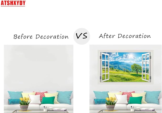 Fake Window Wall Sticker Summer Mountain Grassland Green Forest Tree Faux Window Poster Decal Picture Open Wall Art Decor, Stick and Peel Landscape Natural Scenery Sunshine Scene Mural,16"x24" - Image 3