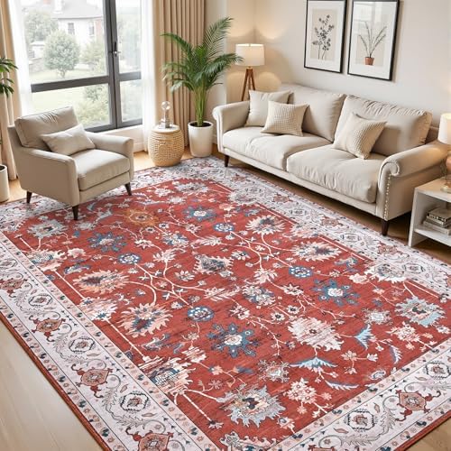 Hanples 8x10 Area Rugs for Living Room, Washable Rug Vintage Floral, Red - Image 2