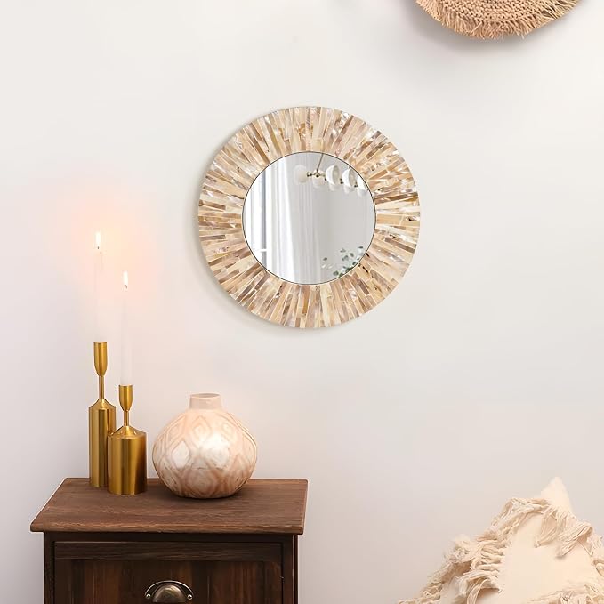 Boho Mother of Pearl Decorative Wall Mirror for Living Room,Brown - Image 7