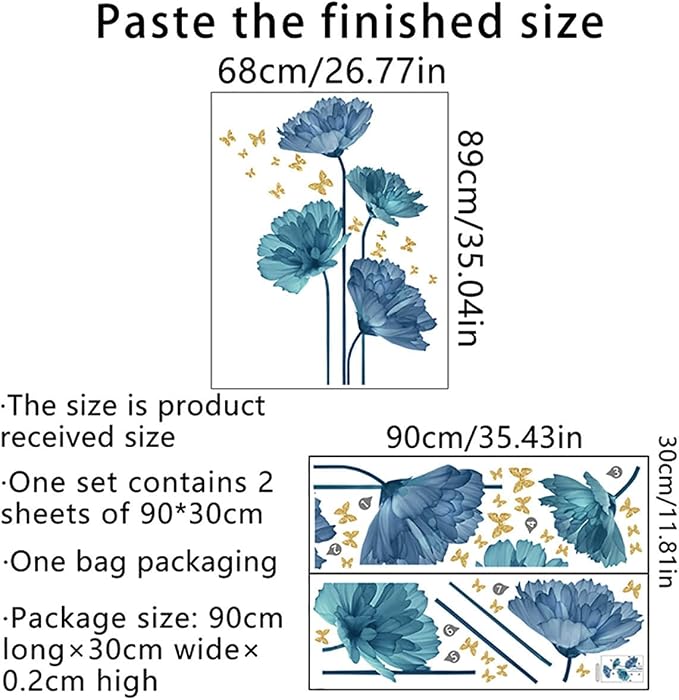 Runtoo Large Blue Flower Wall Decals Butterfly Floral Wall Stickers Backdrop for Living Room Bedroom Bathroom Wall Decor - Image 4