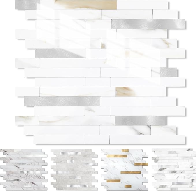 Yipscazo 5 Sheets Peel and Stick Stone Metal Tile Backsplash, Stick on Tiles for Backsplash Kitchen, Bathroom, Laundry Room, Camper, Fireplace (12'' X 12'', Polished Marble) by Yipscazo