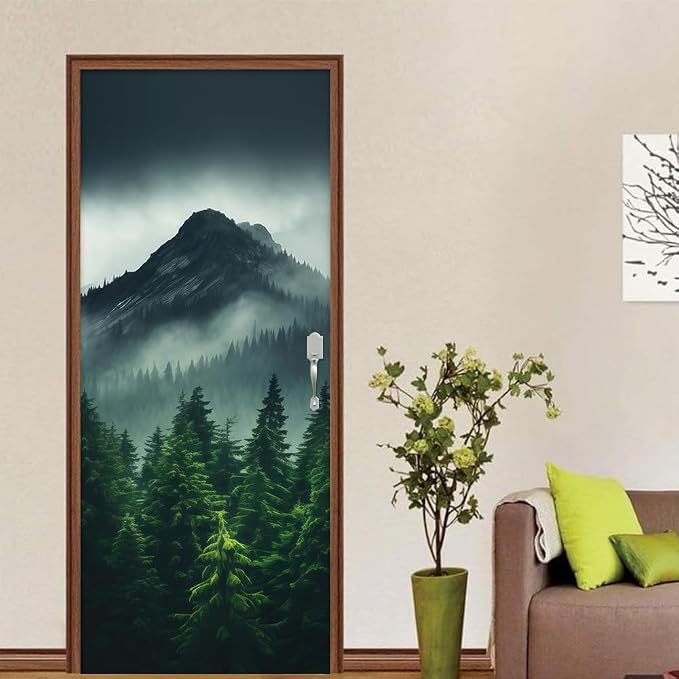 REDAMANCY Smoky Green Pine Tree Mountain Landscape Peel and Stick Door Stickers, Vinyl, Waterproof, Removable, Modern Style, 30.3"x78.7", 2 Pack - Image 4