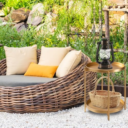 danpinera 2-Tier End Table, Outdoor Side Table Metal Round Side Table with Removable Tray, Small Folding Accent Table, Anti-Rust Nightstand for Bedroom Balcony Patio Living Room (Gold) - Image 6