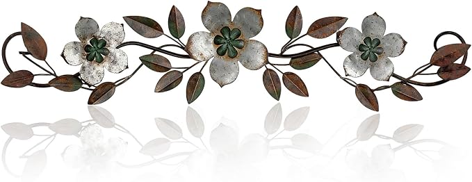 Wesiti Metal Flower Wall Decor Wrought Iron Scroll 15.7x3.7,Silver Gray | Vintage Metal Flower decor,Farmhouse Leaf Art with Nails, Flat Not 3D Design, For Bedroom Kitchen Indoor Outdoor Wall Decor by Unteilti