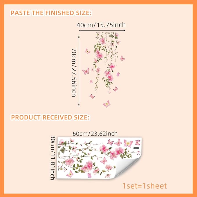 Spring Pink Flower Wall Decals Peel and Stick Hanging Vine Floral Wall Stickers Decor Removable Wall Murals for Girls Bedroom Living Room Nursery Vinyl Cherry Blossom Wallpaper - Image 5