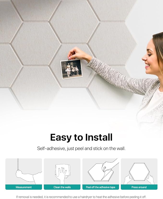 Soundsbay Hexagon Acoustic Panels, Self-Adhesive 18 Pack Sound Panels | 150kg/m³ High-Density Polyester, Covers 15 sq ft Soundproof Wall Panels for Walls, Office, Ceiling 12" X 10" Beige - Image 8