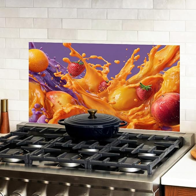 Tropical Fruit Splash Kitchen Backsplash Peel and Stick, 30x16 in | Bold mango, strawberry and orange juice splash on vivid purple background; flat 2D peel and stick; wipe clean; 30x16 in - Image 2