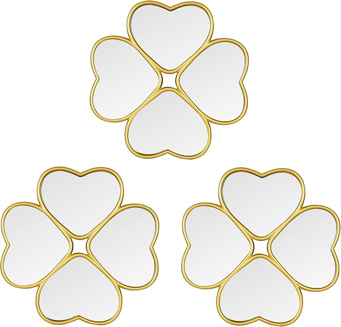 Small Decoritive Heart Wall Mirrors Set of 3, Decorative Four-Leaf Clover Mirror (Gold) by LuHeToz