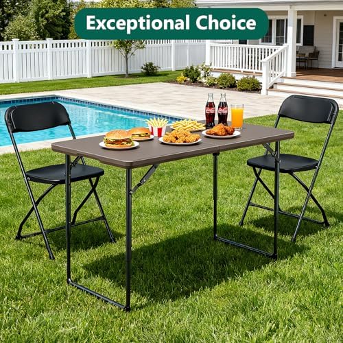 Folding Table, 4FT Foldable Picnic Table with Carrying Handle, Heavy Duty Fold-in-Half Portable Table for Weddings, Camping, RV Travel, Parties, BBQs, and Indoor Use, Easy to Fold and Store, Khaki - Image 3