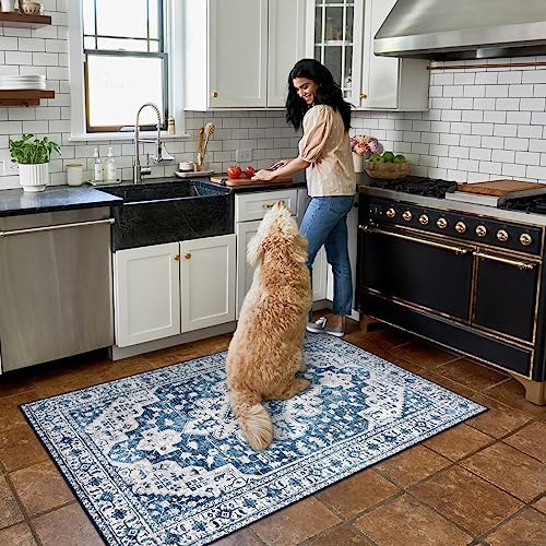 Moynesa Ultra-Thin Washable Area Rug - 3x5 Blue Kitchen Rugs Washable Rugs for Entryway Non Slip Front Door Mat, Non Shedding Low Pile Lightweight Indoor Carpet for Dorm Basement Foyer Living Room - Image 2