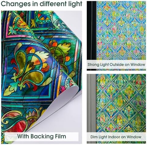 Beautyhero 320 Window Privacy Film, Faux Stained Glass Window Film Heat Blocking 99% Anti UV, Removable 3D Colorful Decorative Caschew Glass Covering,16.9"*118.1" - Image 3