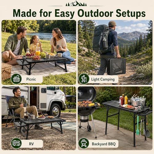 2.5 FT Picnic Table with 2 Wing Panels, Mesh Metal Folding Grill Table Height Adjustable & Lightweight & Portable Table for Outdoor Indoor Camping, Picnic, Beach and BBQ, RV - Image 6