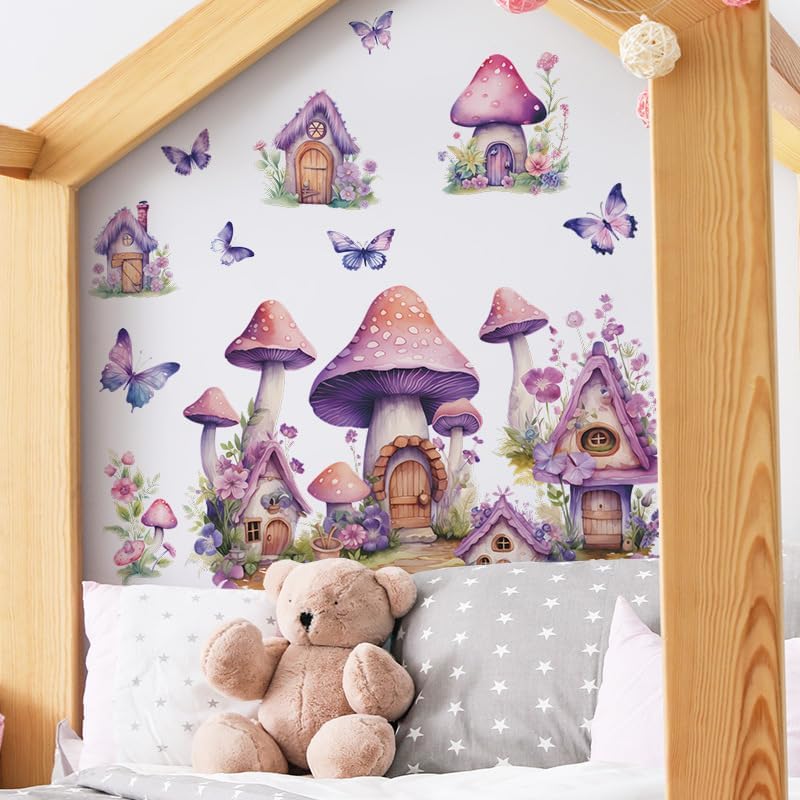 2 Sheets Purple Cartoon Mushroom House Wall Stickers Removable DIY Green Plants and Flower Wall Stickers Viny Purple Butterfly Wall Decal for Girls Home Nursery Bedroom Bathroom Decoration - Image 7