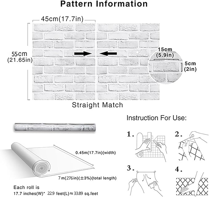 Cohoo Home White Brick Wallpaper Peel and Stick Contact Paper Faux 276”×18” | White Gray Brick Contact Paper for Walls Self Adhesive Removable Wall Covering for Kitchen, Bedroom, Fireplace & Backsplash - Image 5
