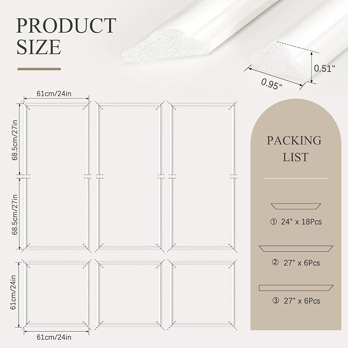 3 Sets Peel and Stick Wall Molding Kit, Premade Wainscoting Panels | Interior Wall Moulding Decor, Ready to Assemble Accent Panel, 54 x 24In, 24 x 24In - Image 6