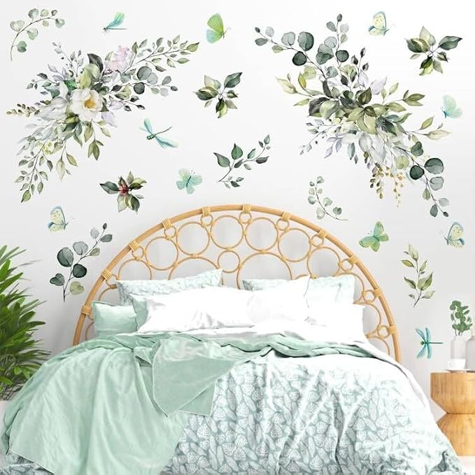 Green Leaves Wall Decals Hanging Vines Butterflies Art Mural Peel and Stick | Wall stickers, removable vinyl art mural, rustic plants, modern botanical, for living room bedroom bathroom nursery farmhouse by HATARU