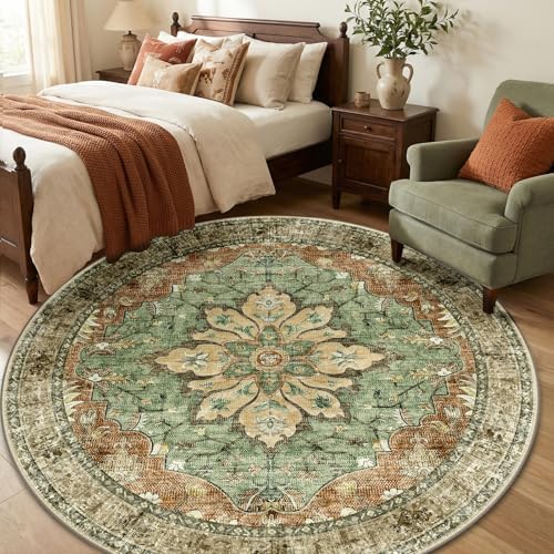 RELEANY Washable Area Rug, Round 6ft, Brick/Brown/Green - Image 3