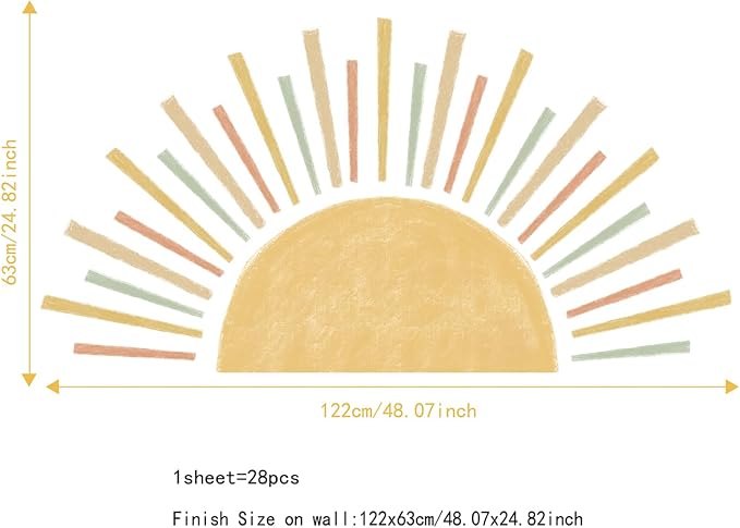 Large Radiant Boho Sunshine Wall Decal for Nursery Playroom | 48.07" x 24.82" Colorful Half Sun Wall Sticker, Peel and Stick Nursery Sun Rise Wall Mural for Kids Bedroom and Classroom - Image 2