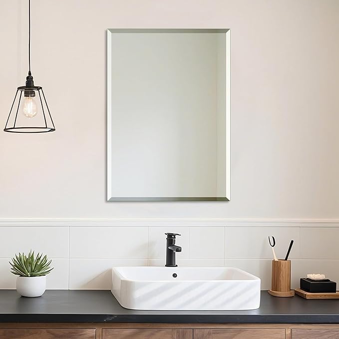 Frameless Wall Mirror Beveled Edge 28” x 20“ Bathroom Mirror for Over Sink by Ruomeng