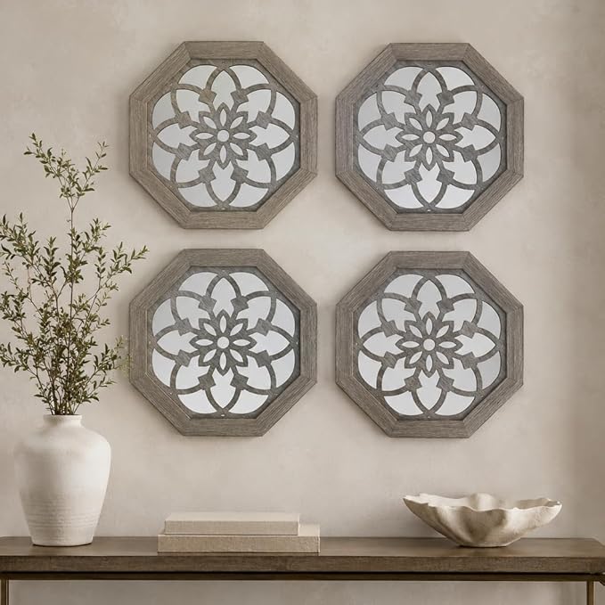 4 Pack 12 Inch Octagon Brown Rustic Wood Frame Acrylic Wall Mirrors, Farmhouse Boho Wall Art Decor for Living Room, Bedroom, Hallway, Entryway, Bathroom & Office by HMANGE