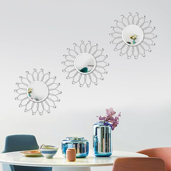 3 Pack Metal Mirrors for Wall Sunburst Wall Mirrors Home Décor Decorative Hanging Wall Art for Living Room Bedroom Entryway (Silver Crystal, Flowers) - Image 4