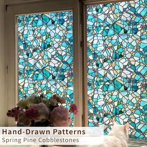 funlife Original Hand-Drawn Privacy Stained Glass Window Film, Single Sided Static Cling Window Cling Suitable for Entryway, Reusable Glass Windows Door Decor, Pine Cobblestones, 16.93"x118" - Image 4