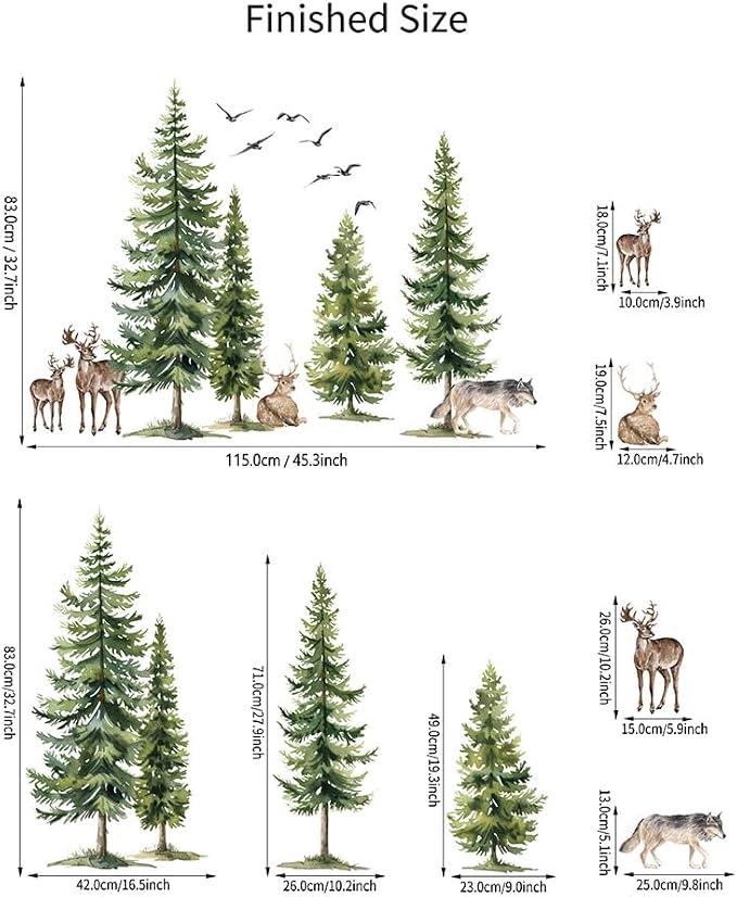 Green Pine Tree Wall Sticker Woodland Animals Wall Decal Peel and Stick Forest Wall Art Mural Deer Wolf Bird Wall Stickers for Bedroom Decor - Image 7