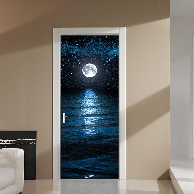 Door Stickers Peel Stick Murals-Wall Cover Decorative Decal Moonlit Sea | 30.3"W x 78.7"H, 3D Moonlit Sea Wallpaper，Waterproof Removable Opaque Vinyl Self Adhesive Fake Door Decor for Home Office - Image 5