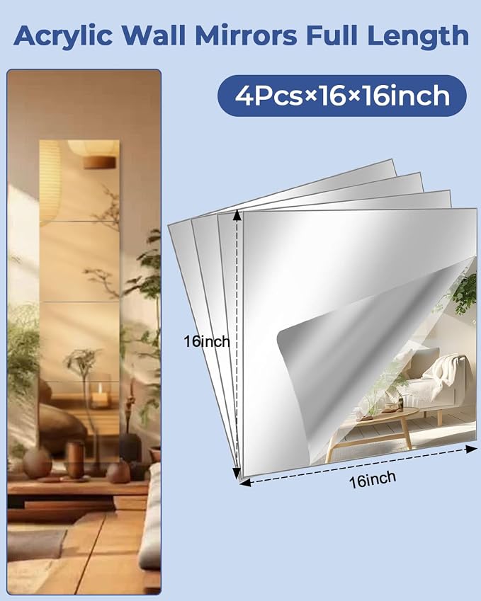 4 Pcs 16" x 16" Acrylic Flexible Mirror Sheets, Peel and Stick Mirror Tiles on Mirrors for Wall, Full Length Body Mirror for Home Gym, Bedroom, Door and Bathroom Decor - Image 4