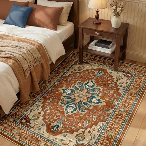 RELEANY Washable Area Rug, 3'x4', Red/Orange/Blue/Brown by RELEANY