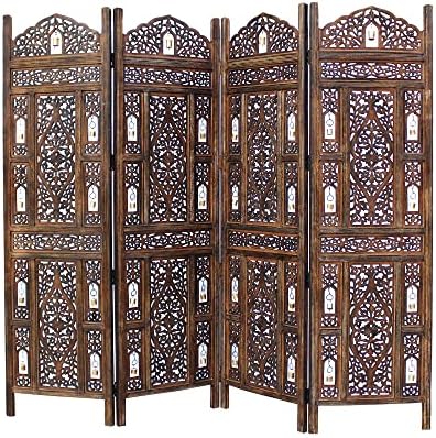 COTTON CRAFT Room Divider Wood Screen - Hand Carved Folding 4 Panels 72x80 by COTTONCRAFT
