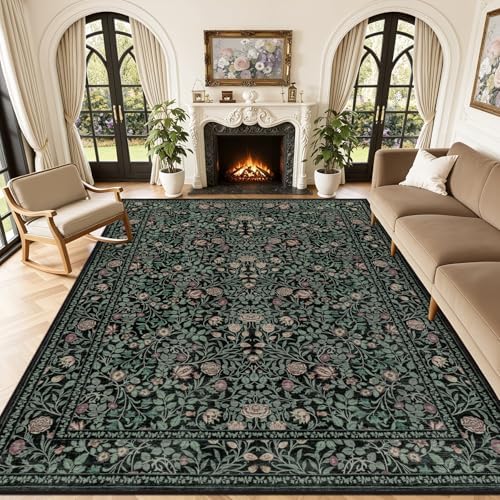 Area Rug 9x12 Living Room: Soft Floral Washable Carpet Dark Green by EXPEDIX