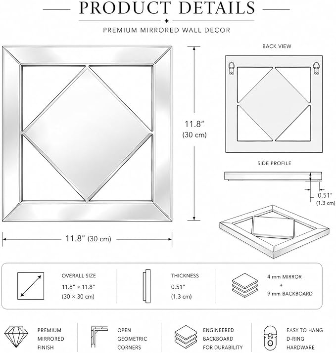 Square Decorative Wall Mirror 12 x 12 Inch, Silver Frameless Mirror Wall Decor with Beveled Edge, Modern Wall Mounted Accent Mirror for Living Room, Bedroom, Hallway, Set of 2 - Image 2
