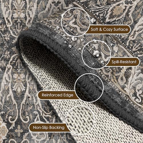 Washable Area Rug 3' x 5 ' Vintage Traditional Persian Mat - Foldable Distressed Non-Slip Machine Washable Carpet for Living Room Bedroom Kitchen Home Decor - Ebony and Taupe - Image 6