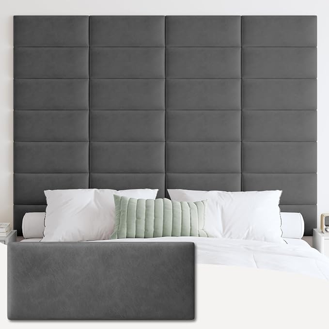 IFNOW Wall Mounted Headboard, Peel and Stick Panels, Dark Grey, King | Upholstered 3D Soundproof Acoustic Panels, Reusable and Removable, Padded Leather Bed Headboard, 12 Panels, 9.84" x 23.62" by IFNOW