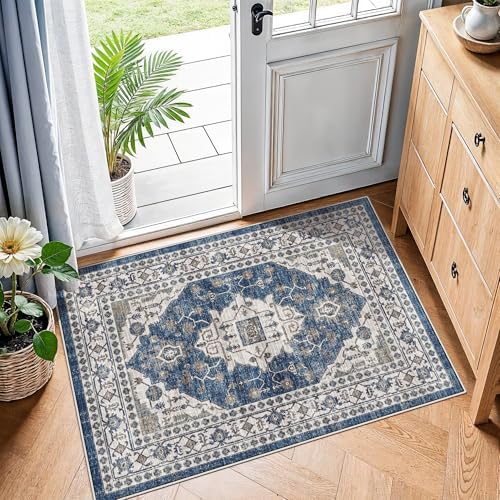 2x3 Washable Vintage Area Rug: Indoor Soft Entryway Rug with Non Slip Backing Water Resistant Carpet for Kitchen Bathroom Laundry Low Pile Door Mat Perfect for Homes with Cats & Dogs(2x3,Blue) by HYHAOYUNLAI
