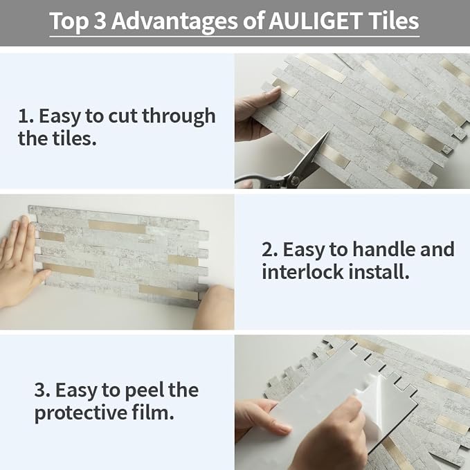 AULIGET 2 Sheets Faux Stone Peel and Stick Backsplash, Beige Stone Look PVC Wall Tile Stick on Backsplash for Kitchen and Bathroom - Image 7