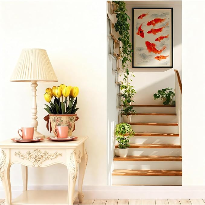 Koi Stairway Door Mural, Botanical Modern Steps Door Cover | Waterproof PVC, 30.3" W x 78.7" L; koi stairway design for bedroom, hallway, entryway or office doors. - Image 4