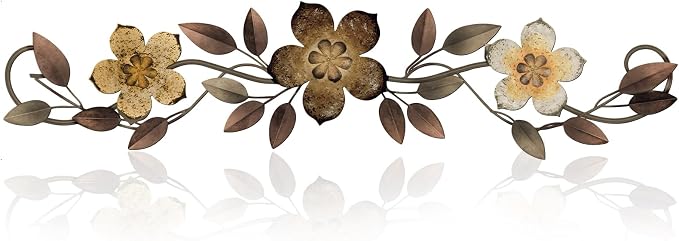 Wesiti Metal Flower Wall Decor Wrought Iron Scroll 15.7x3.7,Brown | Vintage Metal Flower decor,Farmhouse Leaf Art with Nails, Flat Not 3D Design, For Bedroom Kitchen Indoor Outdoor Wall Decor by Unteilti