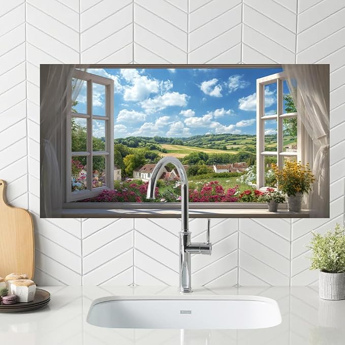Countryside Village Kitchen Backsplash Peel and Stick, 30x16 in | French window view of flower meadow, rolling hills and village; flat 2D waterproof peel and stick; wipe clean; 30x16 in - Image 5