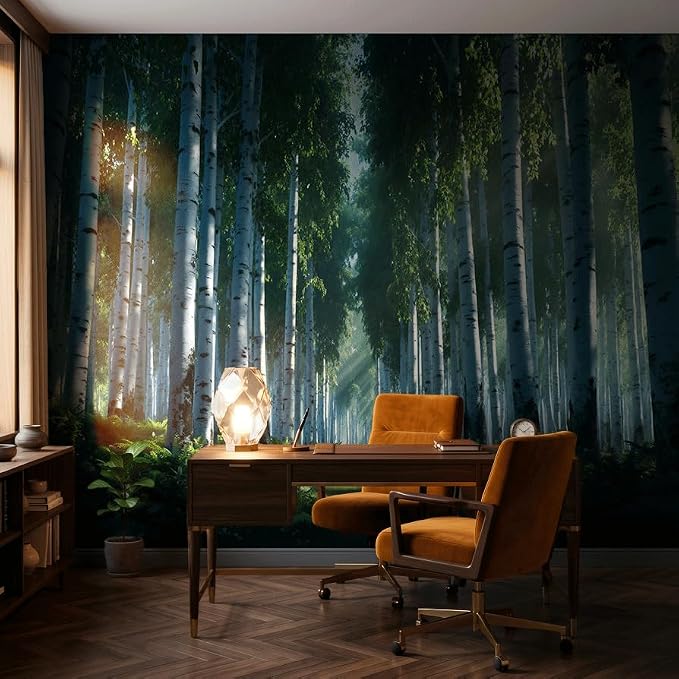 ASJ Forest Peel and Stick Wallpaper Mural, Birch Tree Fern Green | Seamless edge-to-edge match. Sunlight rays nature artwork, 139x94 in, premium fabric, living room bedroom decor. - Image 6