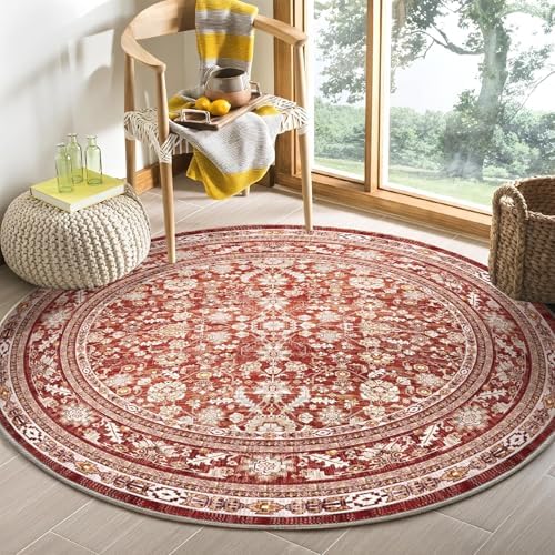 OPPODREAM Vintage RED Area Rugs 5' Round, Washable Rug for Living Room by OPPODREAM