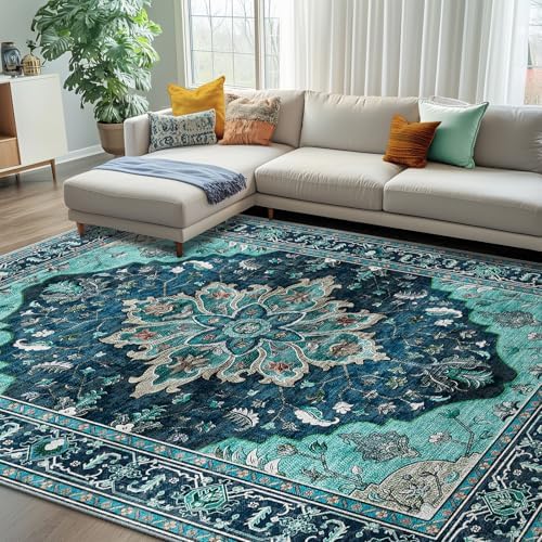 RELEANY Washable Area Rug, 7'x10', Teal by RELEANY