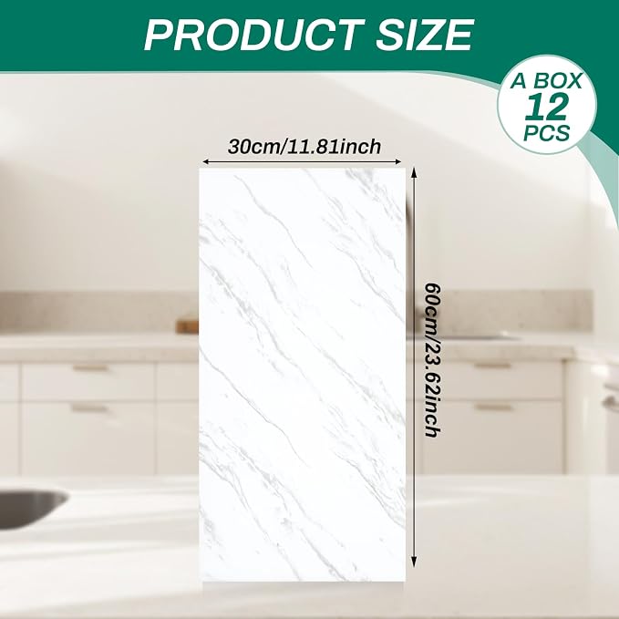 12pcs White Marble Peel and Stick Tiles 23.6"x11.8" Waterproof Heat Resistant Self Adhesive Removable PVC Wall Panels for Kitchen Backsplash, Bathroom, Laundry Room (Not Real Tile, Not for Floor) - Image 2