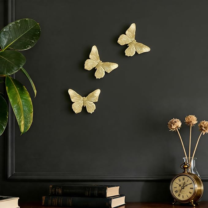 GUSFREUD 3D Butterfly Wall Decor Set – Resin Wall Decor for Living Room, Bedroom, Bathroom, Dining Room, Outdoor and Gallery Walls - Antique Gold - Set of 3 - Image 5