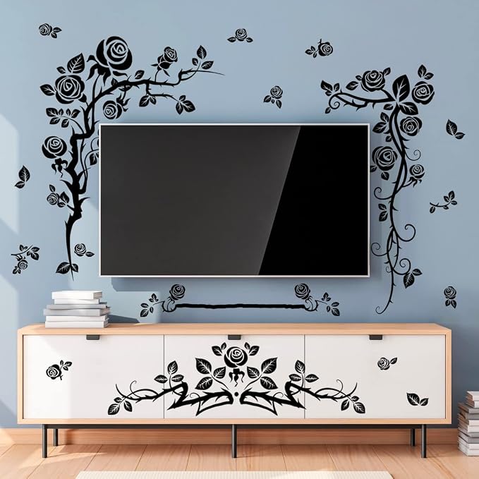 Amaonm Creative 3D Black Vinyl Flowers Wall Stickers - Removable DIY Flower Vine Wall Decals for Roses & Leaves Decor - Image 3