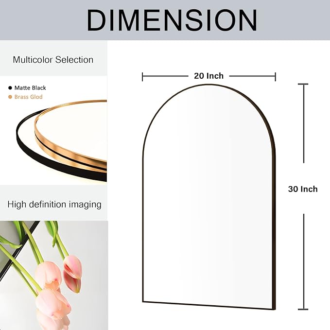 Wall Mounted Mirror, Arched Wall Mirror for Bathroom, 20"x30" Arch Bathroom Mirror with Metal Frame, 2 piece Black Vanity Mirror Decor for Mantle, Bedroom, Entryway - Image 7
